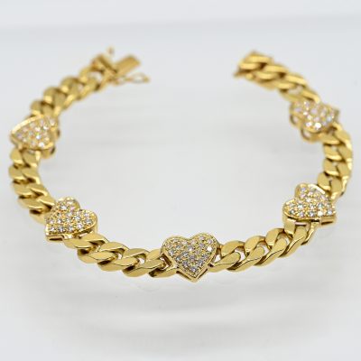 Los Nr. 168 Massives Flachpanzerarmband, unterteilt von 5 Herzen mit zus. ca. 95 Brillanten, zus. ca. 2 ct, 90er Jahre