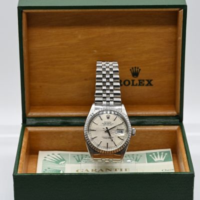 Los Nr. 003 Herrenarmband, ROLEX „Datejust“, aus Stahl mit Papier, Kasten und Kaufbeleg von Juwelier Becker von 1985