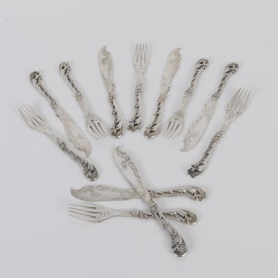 Los Nr. 318 Fischbesteck im Jugendstil für 6 Personen, C. Frey & Söhne, Breslau, 1. Hälfte 20. Jh.