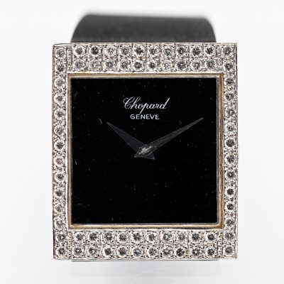 Los Nr. 045 Vintage Armbanduhr mit Onyx, Diamanten besetzte Lünette- und Stiftschließe, zus. ca. 1,5 ct, CHOPARD, Genève, 20. Jh.