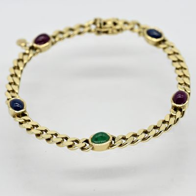 Los Nr. 090 Flachpanzerarmband mit 2 Saphiren, 2 Rubinen und 1 Smaragd-Cabochon, 80er Jahre