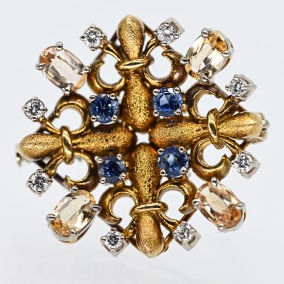 Los Nr. 093 Brosche mit 4 Saphiren, 4 Citrinen und 8 Brillanten, Goldschmiedearbeit, 70er Jahre